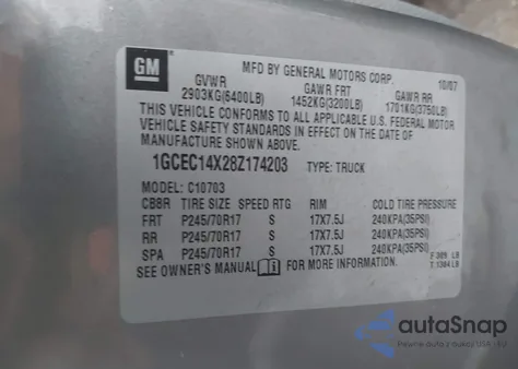 2008 Chevrolet Silverado 1500 Work Truck z USA, uszkodzony, nr VIN 1GCEC14X28Z174203